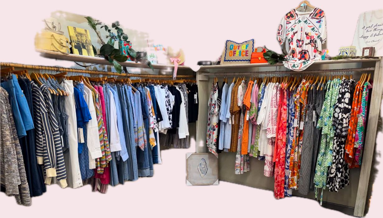 Two racks side by side — blues to brights