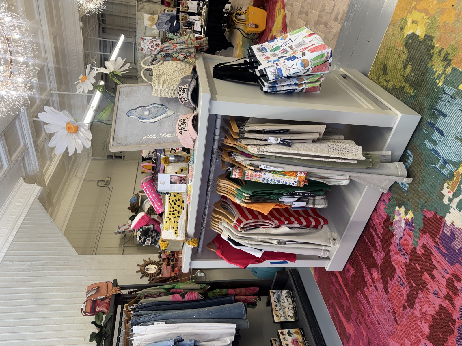 Paper daisies under the pressed-tin ceiling